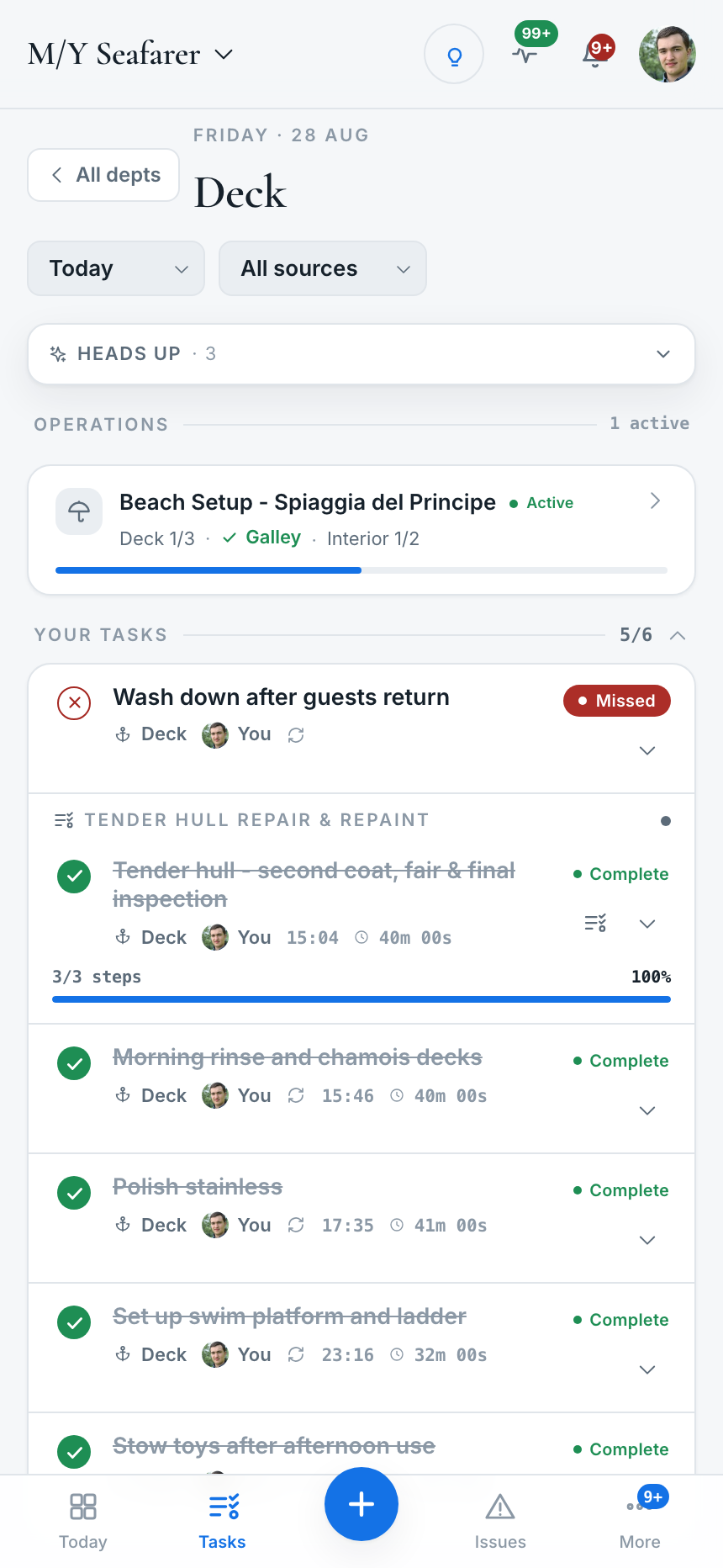 The crew view on a phone: the day's task list, the running operation, and what is already signed off