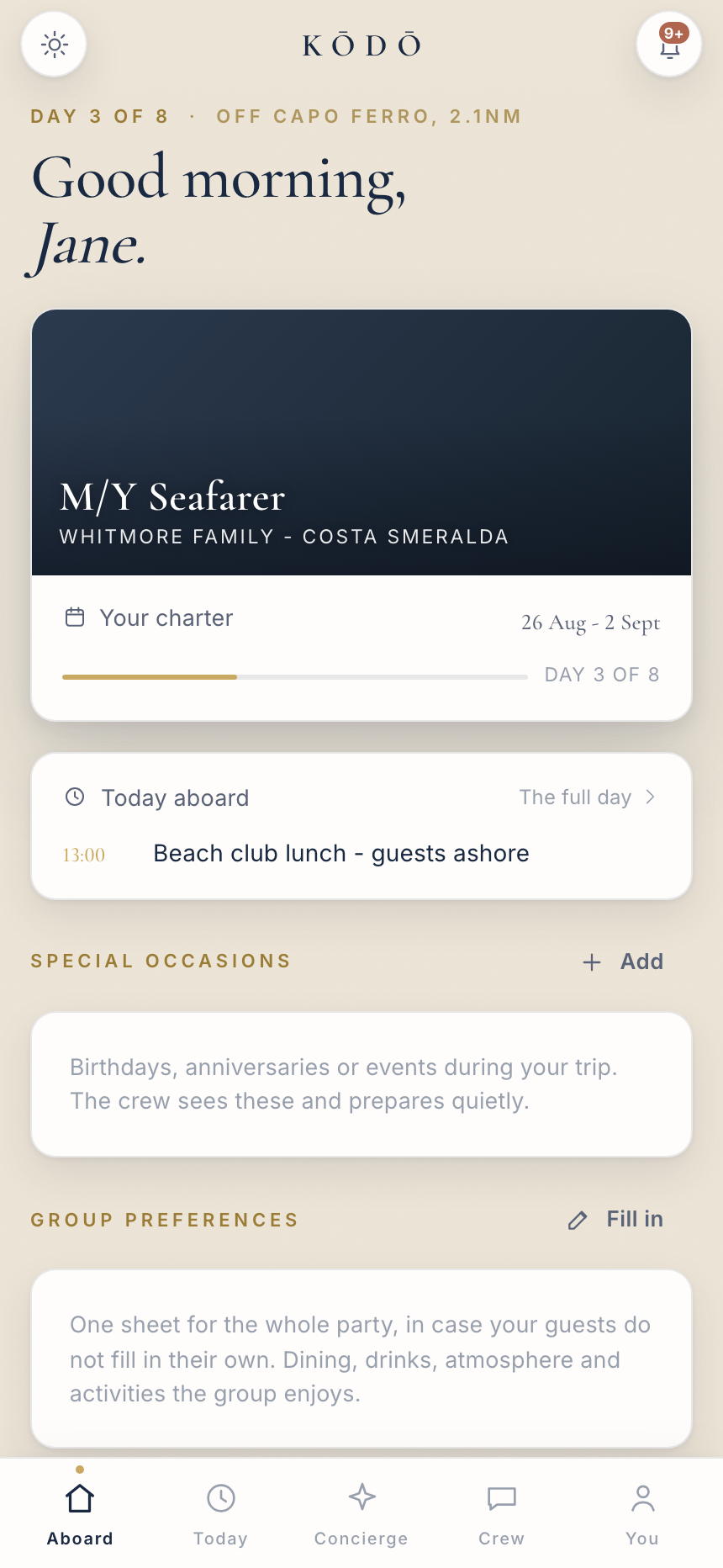 The guest view on a phone: the day's plan and their own preferences